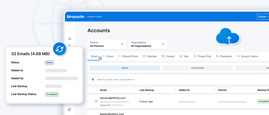 Dropsuite dashboard showing email backup summary with account status, data size, and last backup details for cloud archiving