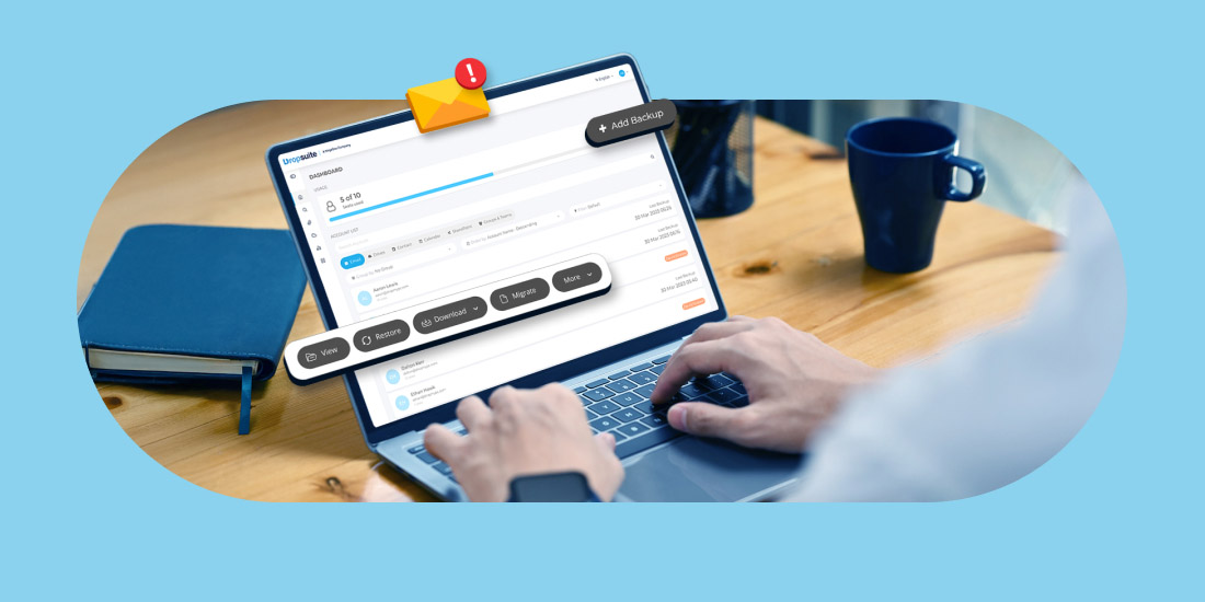 User accessing Dropsuite dashboard on laptop to manage email backup, restore, and archiving functions for cloud data protection