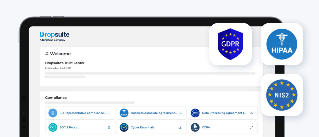 Dropsuite Trust Center dashboard displaying GDPR, HIPAA, and NIS2 compliance documents and security certifications