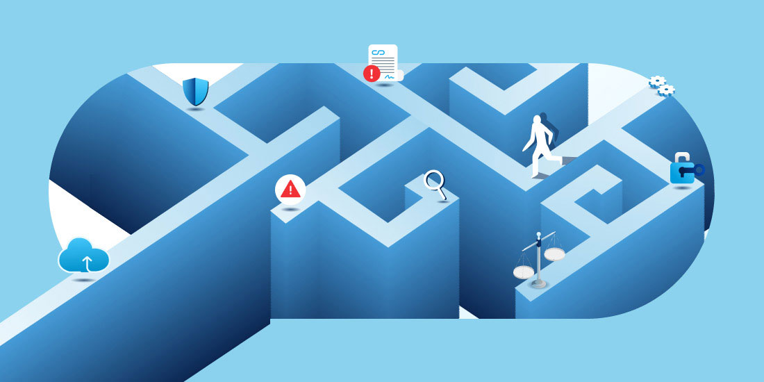 Person navigating a digital maze of compliance icons representing MSP challenges in data security, policy, and regulation