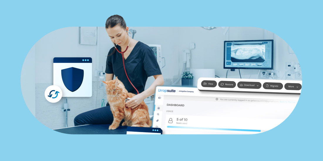Veterinarian examining a cat in a clinic with overlay of Dropsuite dashboard tools for data backup, restore, and security