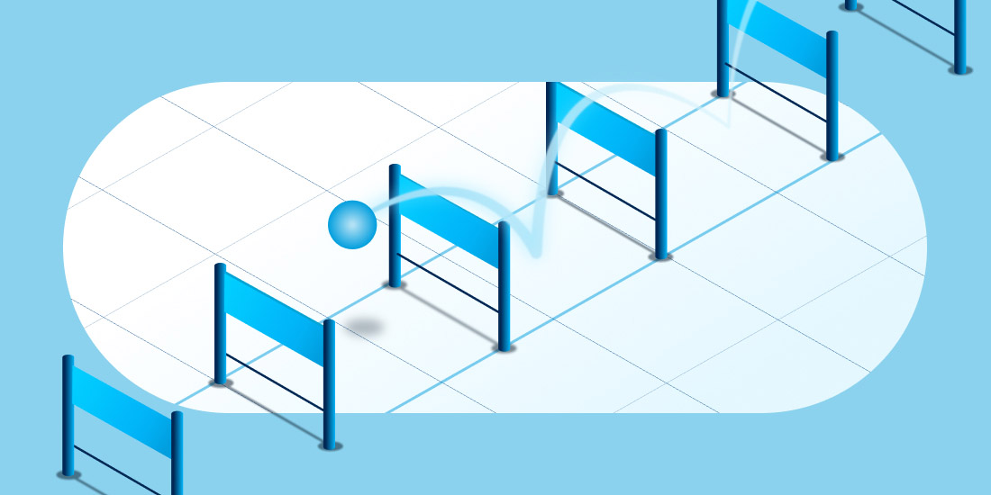 Blue ball bouncing over hurdles, symbolizing MSPs overcoming operational and compliance challenges in a dynamic environment